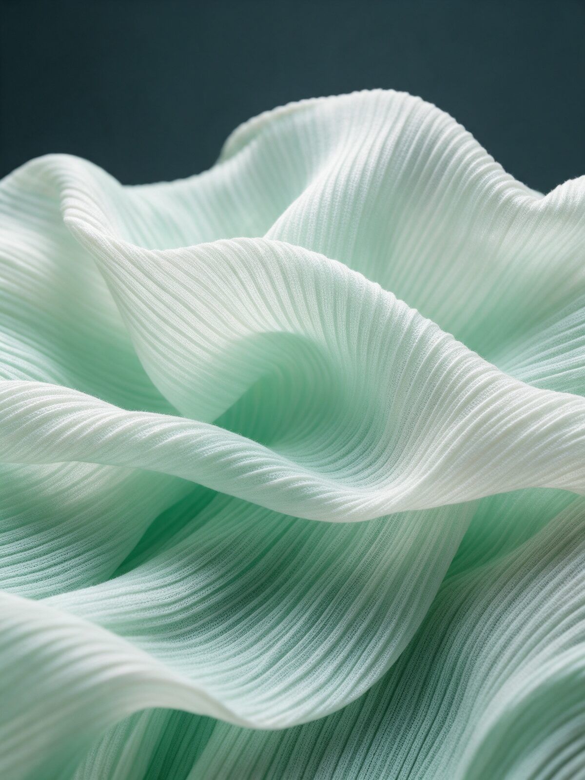 Koyu zeminde yumuşak dalgalarla akan nane yeşili ve kırık beyaz pliseli örme kumaş