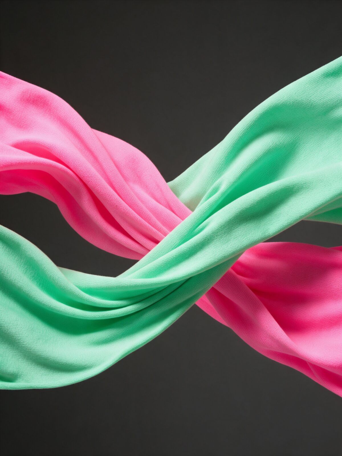Koyu zeminde havada birbirine dolanan neon pembe ve nane yeşili hafif örme kumaş